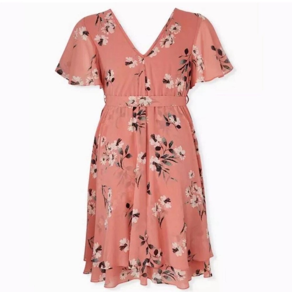 Torrid Coral Floral Wrap Midi Dress - Picture 2 of 5